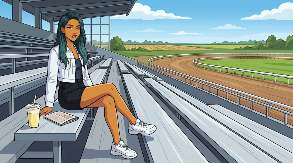 The same drawn character sits on an aluminium bench in an empty grandstand with a lemonade and a folded programme, the dirt track and farm fields behind her.