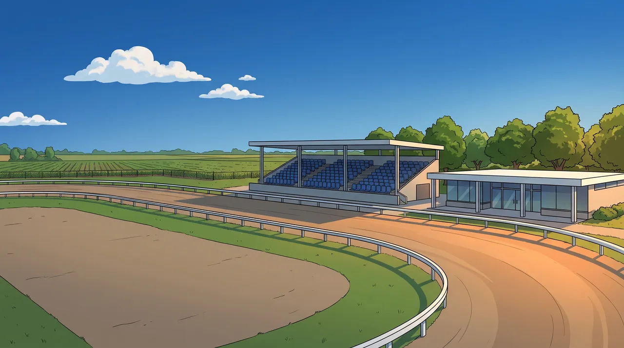 Drawn scene of a small-town harness racing oval on a summer afternoon: a white rail, a modest covered grandstand with empty seats, a low glass-fronted building and farm fields under a blue sky.